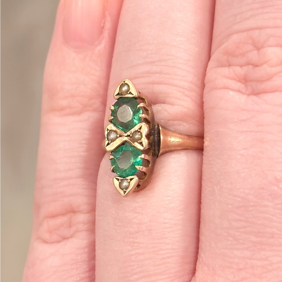 Antique Edwardian 10K Green Ring, Size 5.5, Rose Gold, Navette - Picture 10 of 17